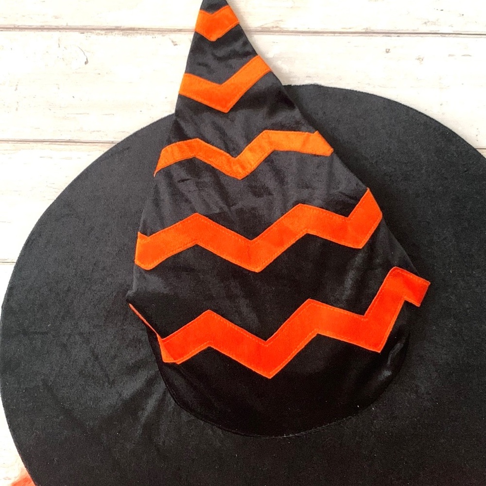 Black Velvet Witch Hat Costume Orange Curly Hair Wig Attached Chevron Print NEW - Picture 2 of 4